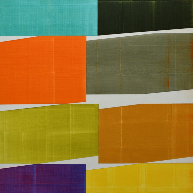 A closeup of a colorful geometric painting. 